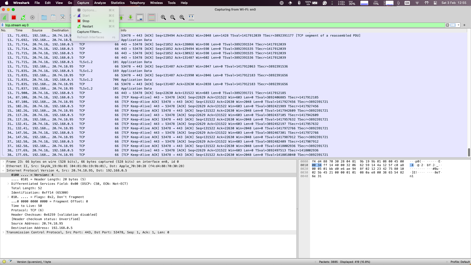 wireshark window after capture